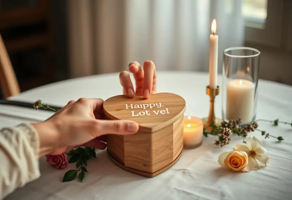 Une main posant un coffret en bois façonné comme un cœur sur une table, entouré de fleurs et d'une bougie allumée, illustrant l'affection et la gratitude.