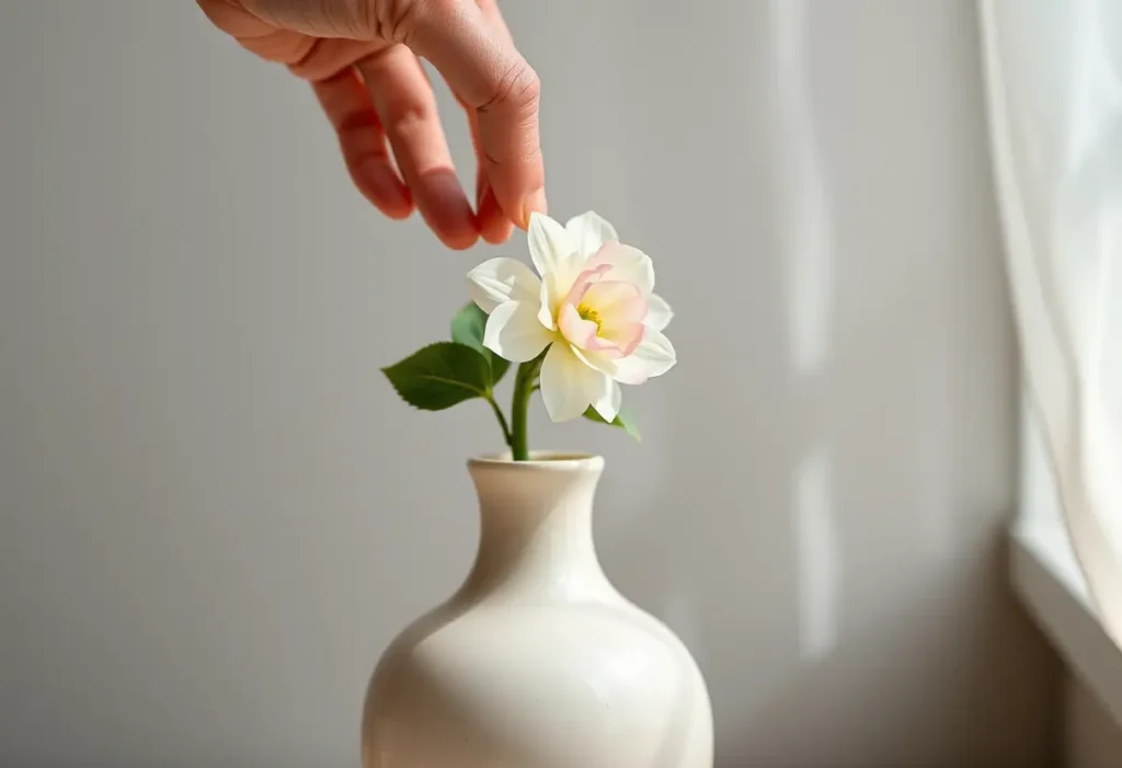 Une main met délicatement une pivoine dans un vase en porcelaine, symbole de tendresse.
