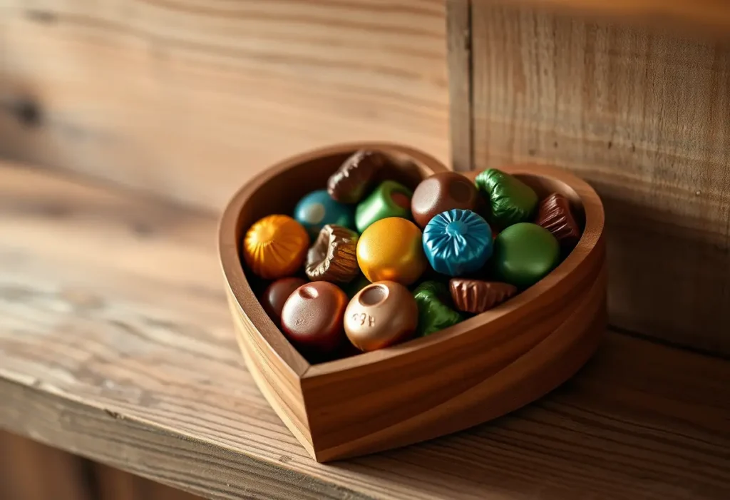 Une boîte en bois sculptée en forme de coeur remplie de chocolats colorés sur une étagère rustique.