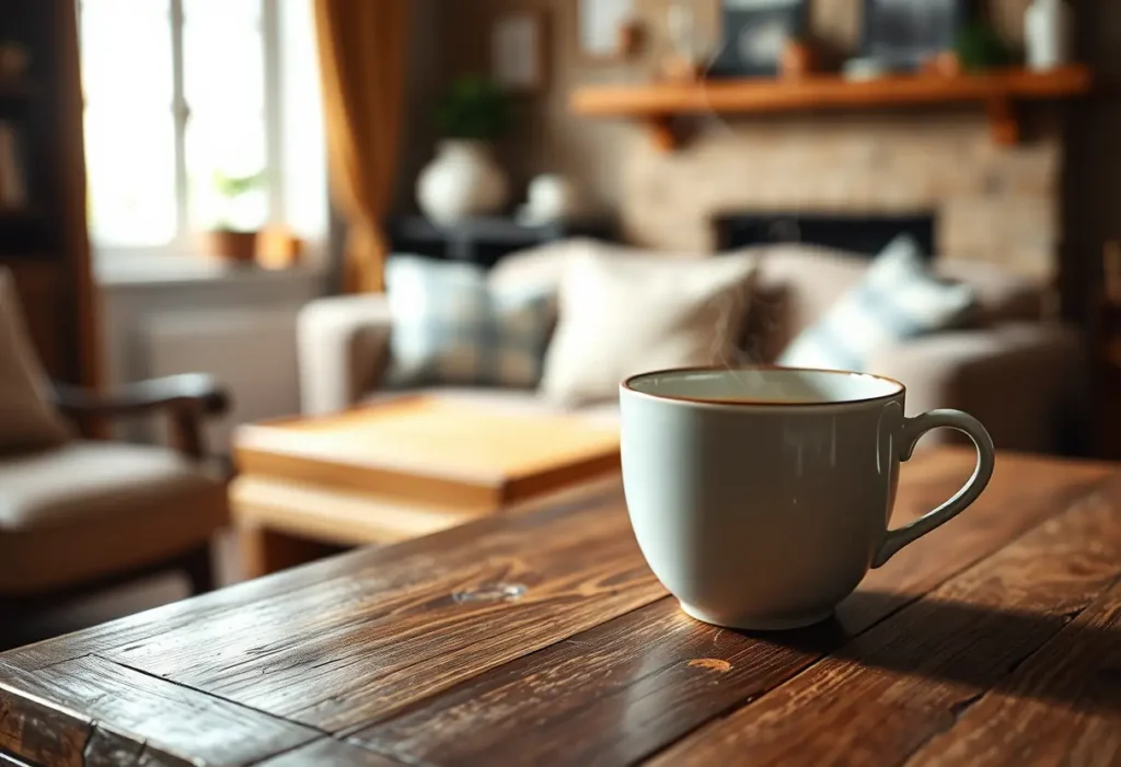 Tasse de thé fumant sur une table dans une pièce accueillante