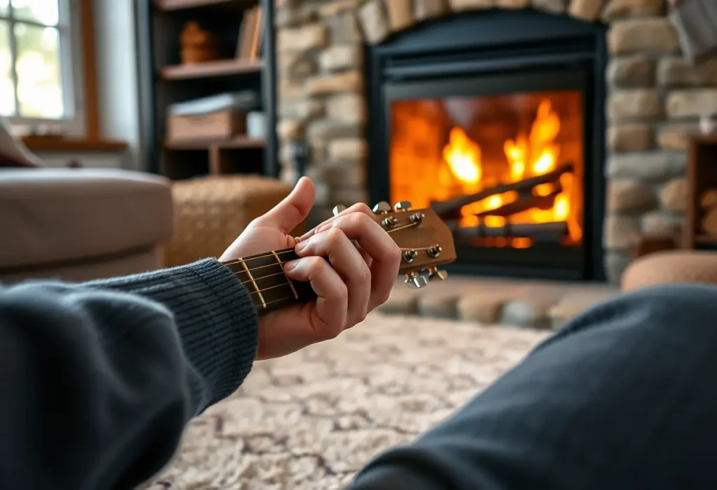 Main room avec une guitare et une cheminée pour la Saint-Valentin