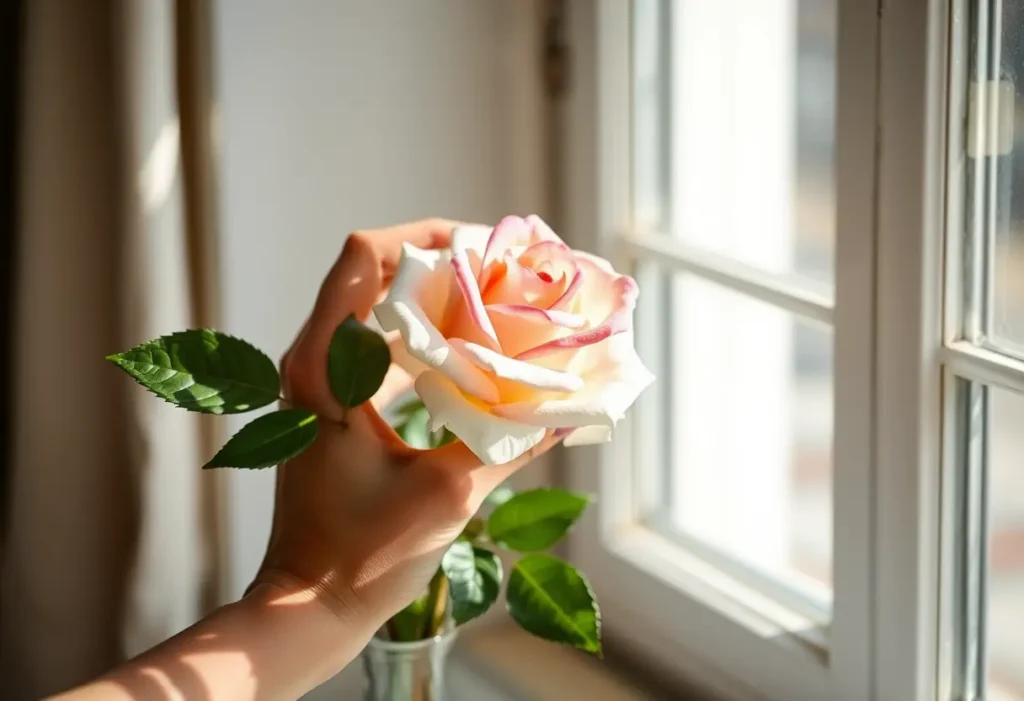 Une main féminine tient délicatement une rose dans un vase, éclairée par la lumière naturelle.