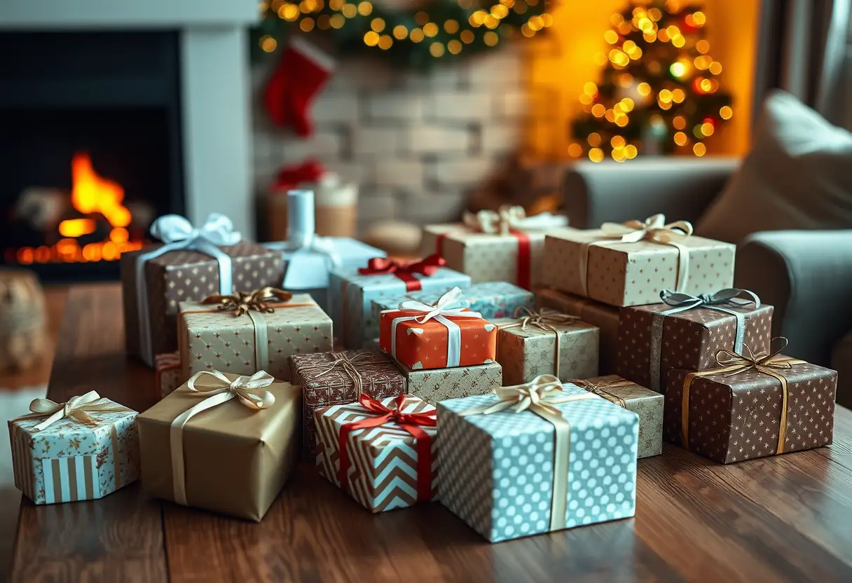Un bureau en bois couvert de cadeaux emballés, dans un salon chaleureusement éclairé par un feu de cheminée.
