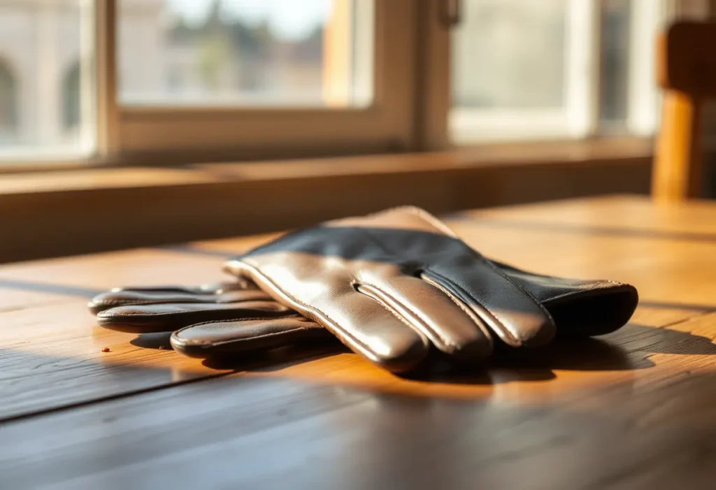 Un paire de gants en cuir posés sur une table, évoquant la douceur des gestes intimes.