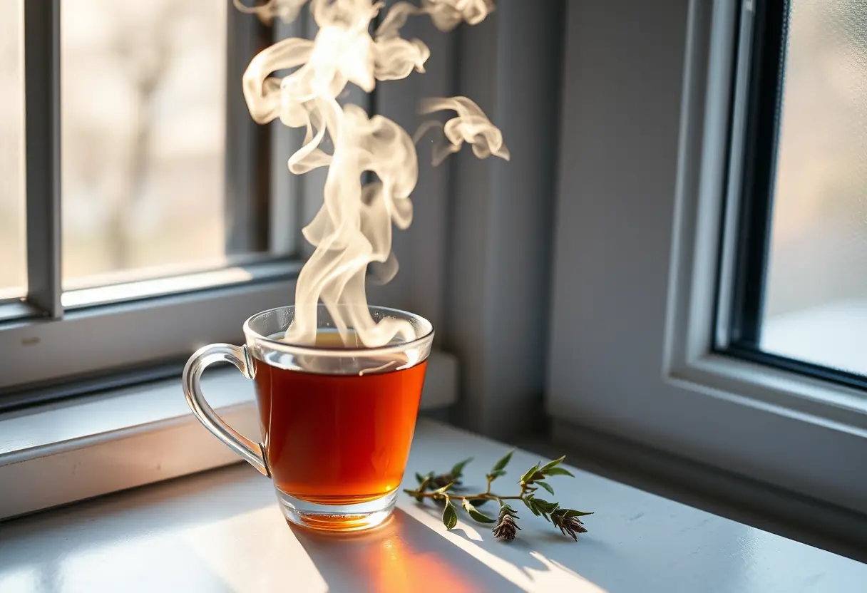 Une tasse de thé aromatique fumante près d'une fenêtre ouverte, symbolisant la sérénité et la détente.