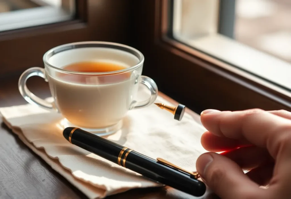 Une plume posée près d'une tasse de thé, prête à écrire un poème pour la Saint-Valentin