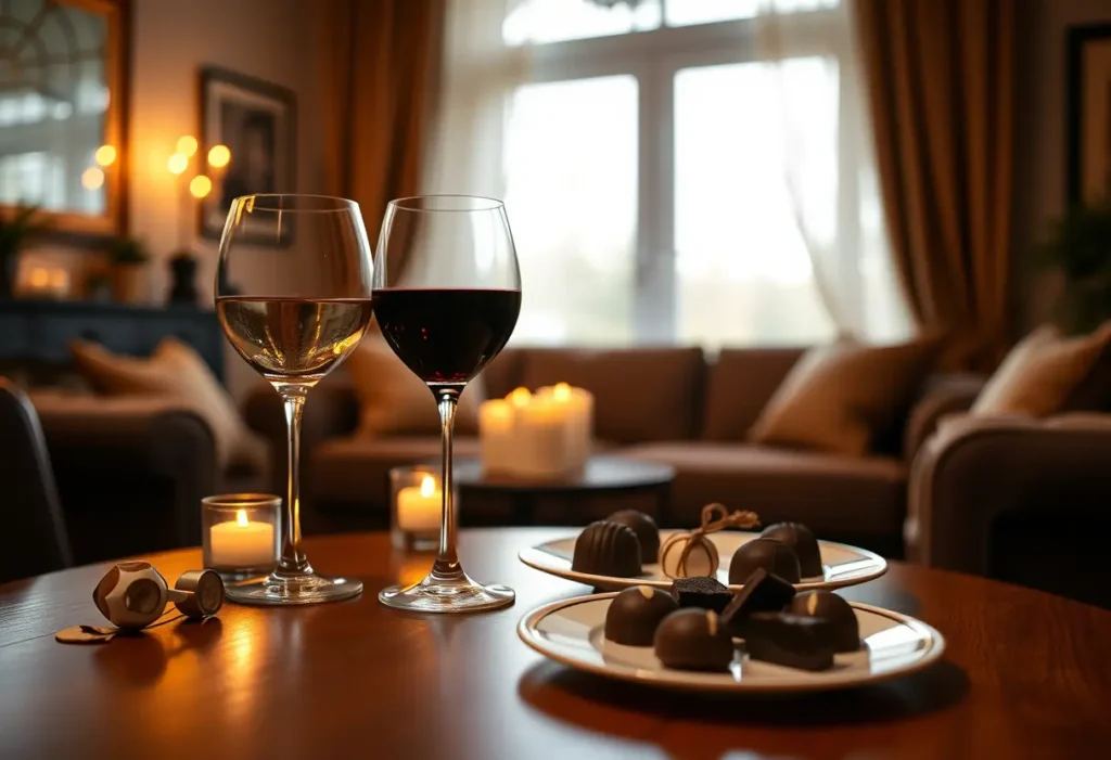 Un couvert avec deux verres de vin et des chocolats, symbolisant l'intimité et la célébration de l'amour.