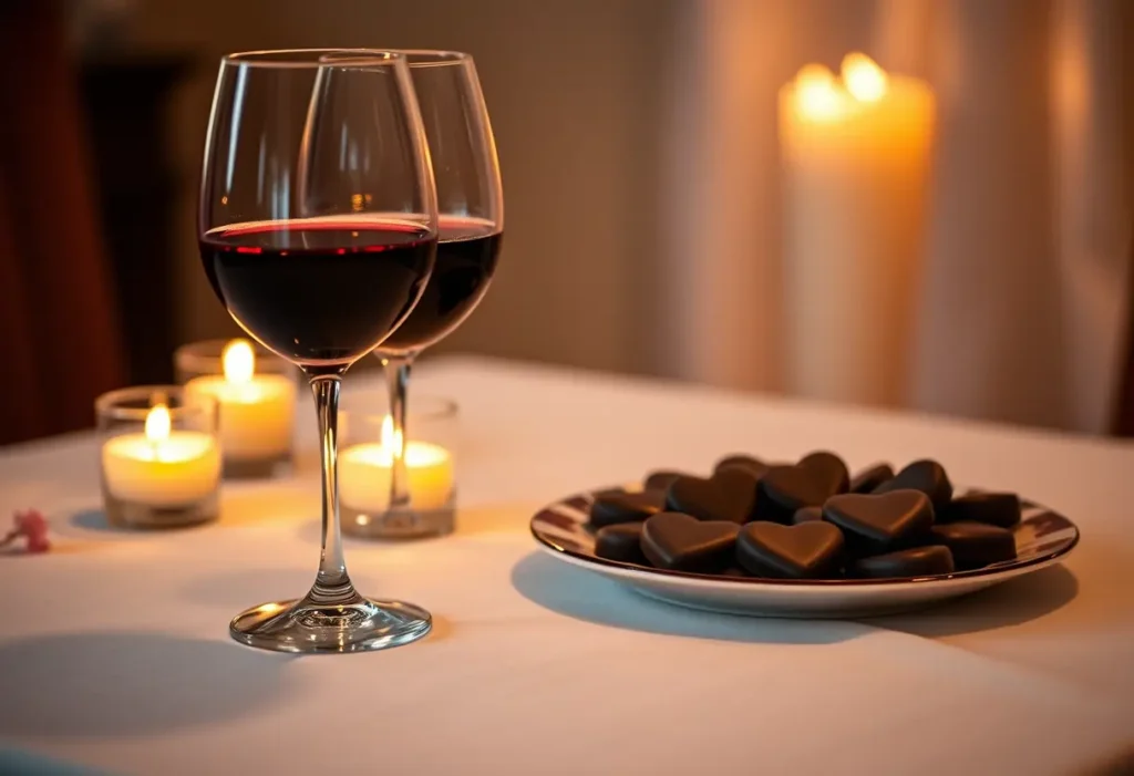 Un couvert avec deux verres de vin et des chocolats en forme de cœur