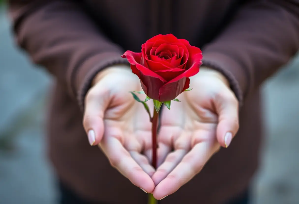 Des mains tenant une rose rouge symbolisant l'amour