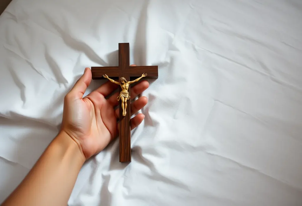 Une main tenant un crucifix en bois sur un linge blanc, symbole de dévotion et de sacrifice
