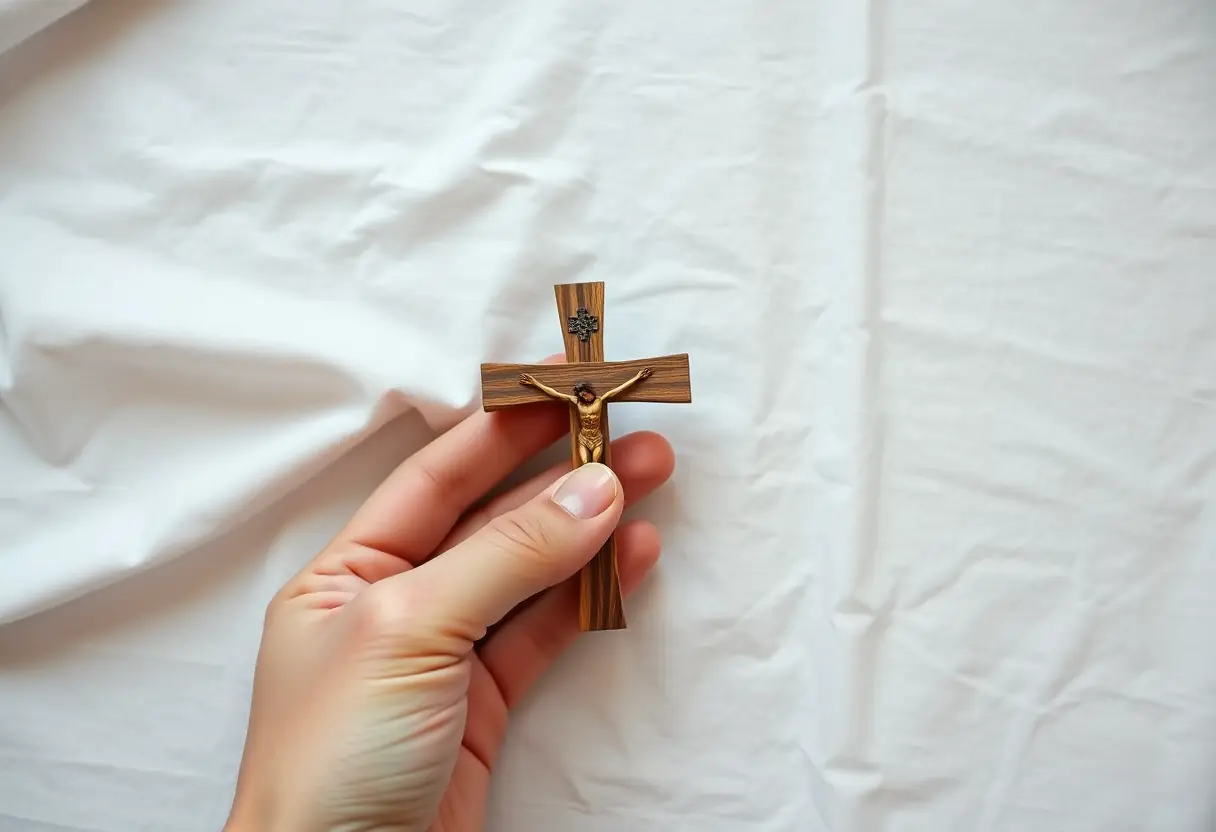 Une main tenant un crucifix en bois sur un linge blanc, symbole de dévotion et de sacrifice