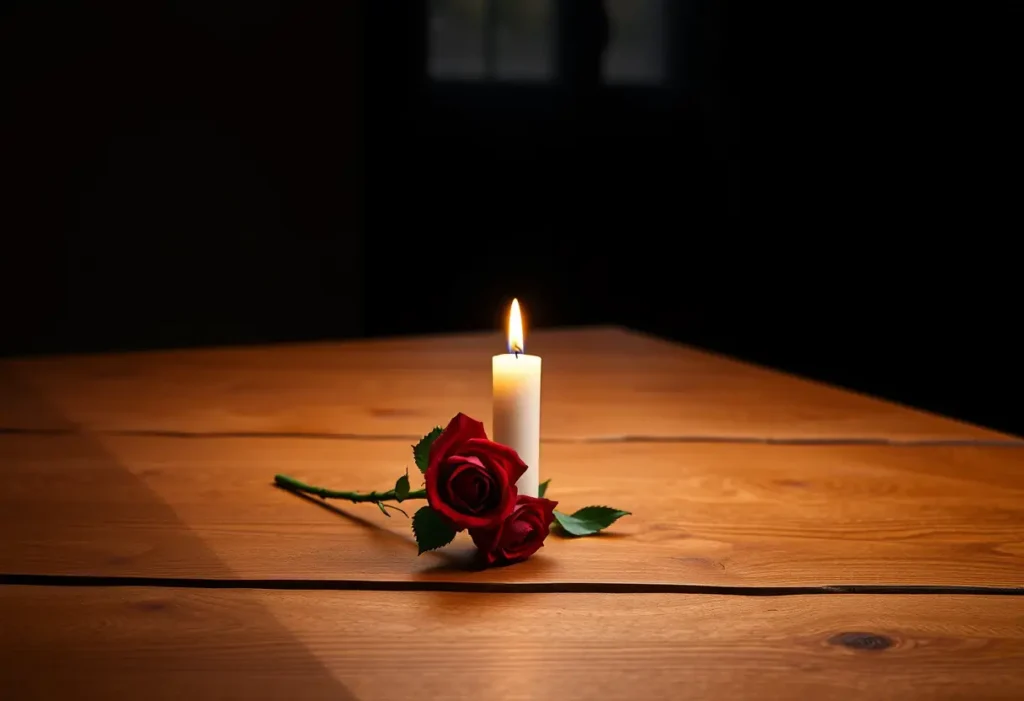 Un bureau en bois avec une rose rouge et une bougie allumée, symbolisant l'amour et la réflexion