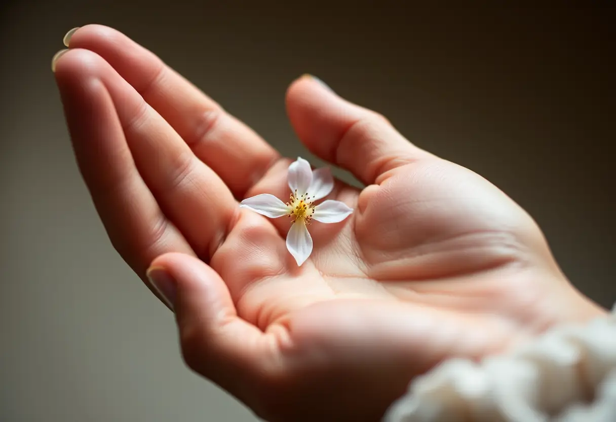 Une main tenant une petite fleur délicate, illustrant la fragilité et la beauté des relations