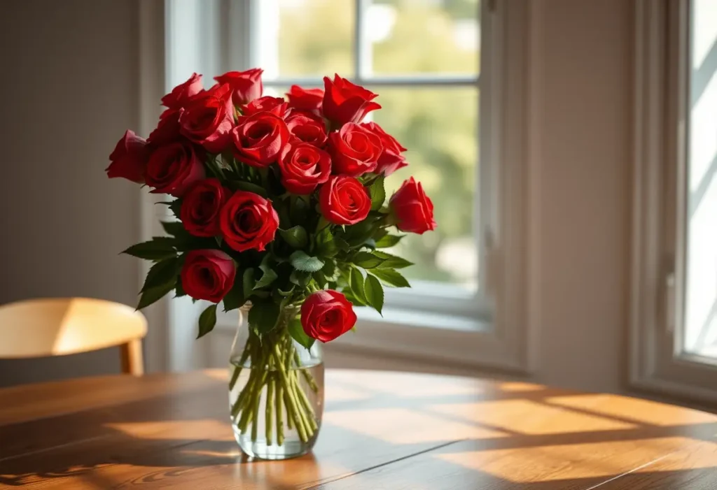 Un vase rempli de roses rouges sur une table en bois, éclairé par la lumière du jour