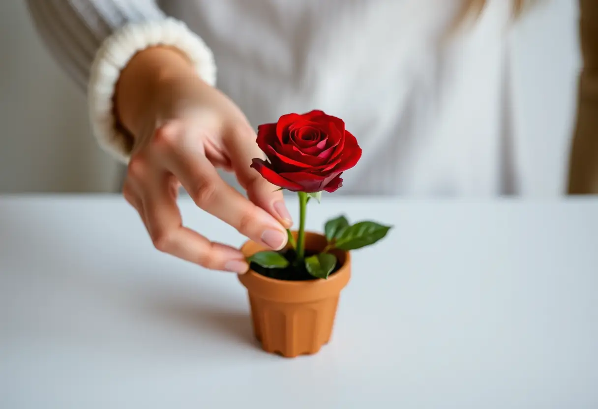 Une main féminine arrange délicatement une rose rouge dans un petit pot en argile