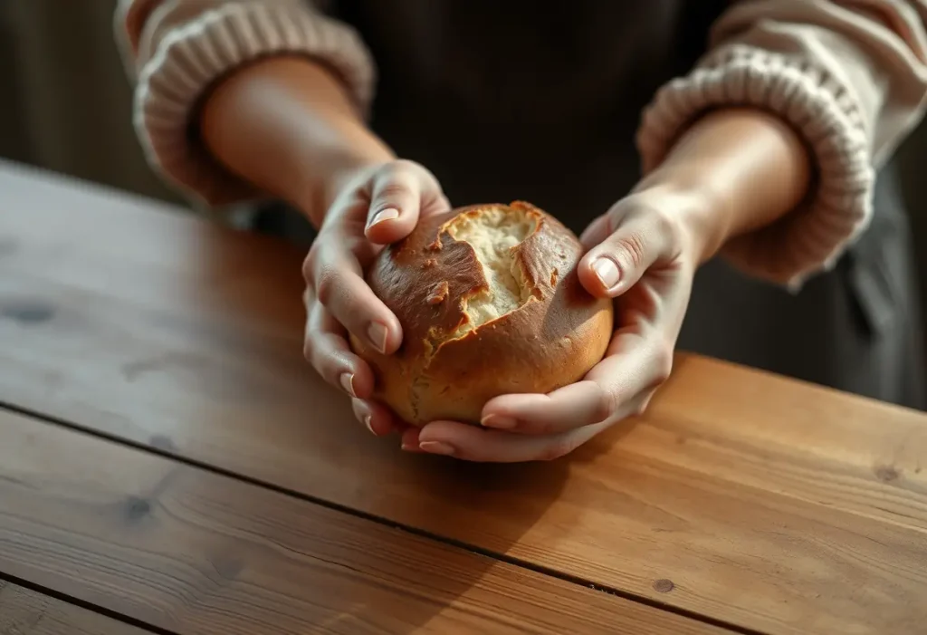 Une main féminine tient une petite baguette de pain sur une table en bois, lumière naturelle chaleureuse