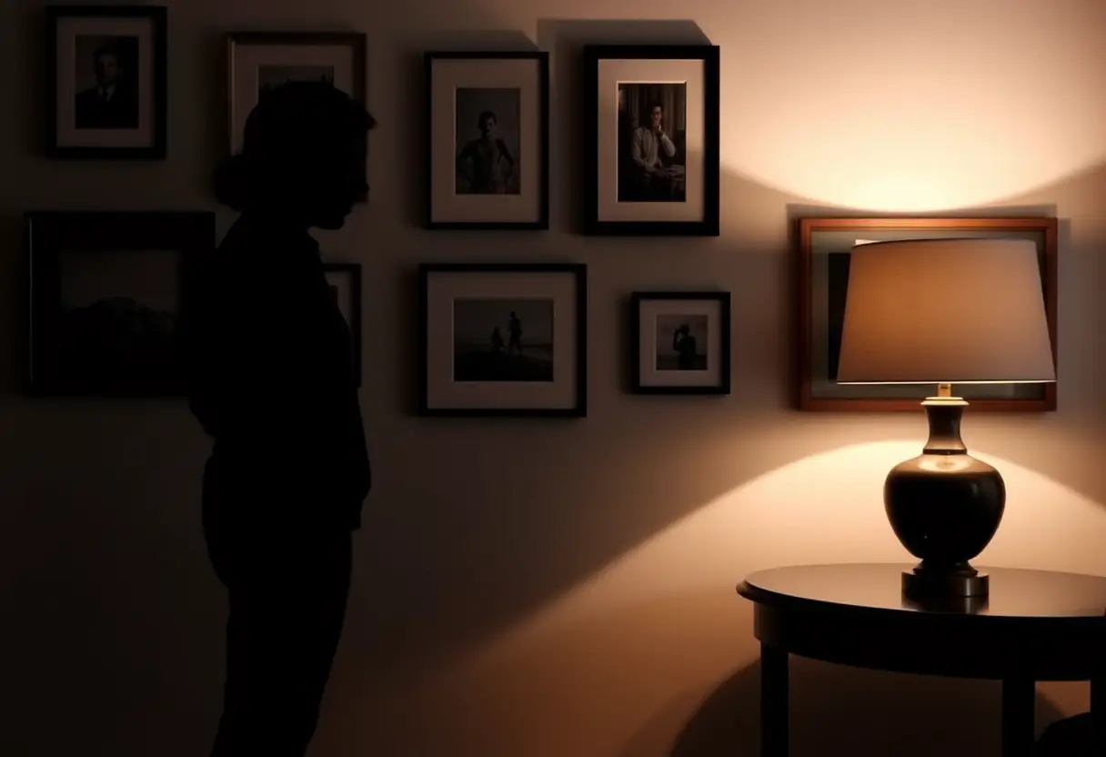 Un profil flou d'une personne devant un mur avec des photos encadrées, éclairé par une lampe sur une table près de là
