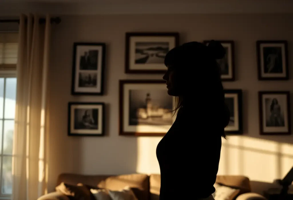Un profil de femme dans une pièce accueillante avec des photos encadrées