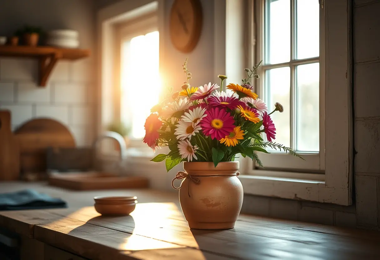 Des mains arrangeant des fleurs dans une cuisine matinale