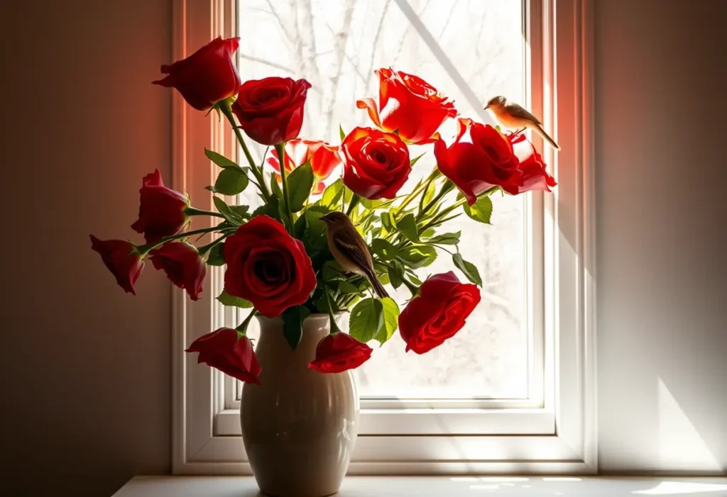 Un vase en céramique pleine de roses rouges avec un petit oiseau posé dessus