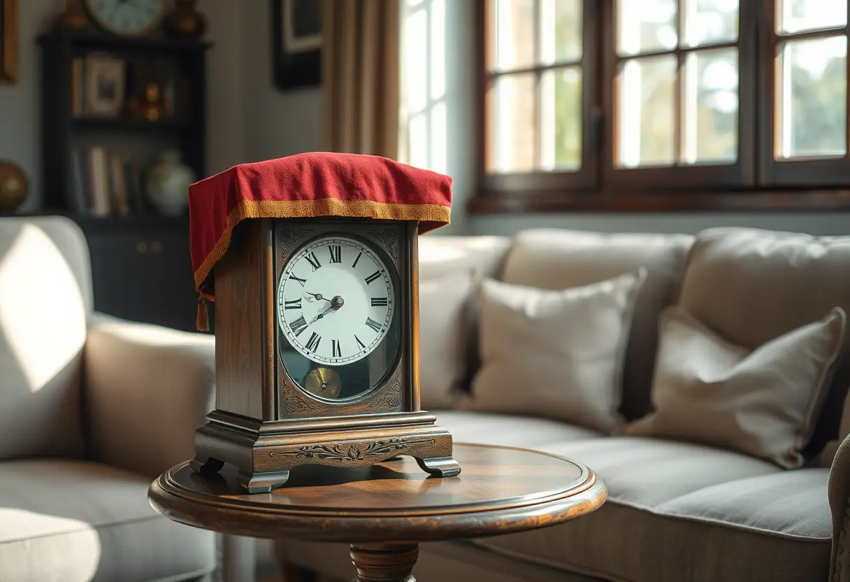 Une pendule ancienne sur une table avec une couverture en laine rouge