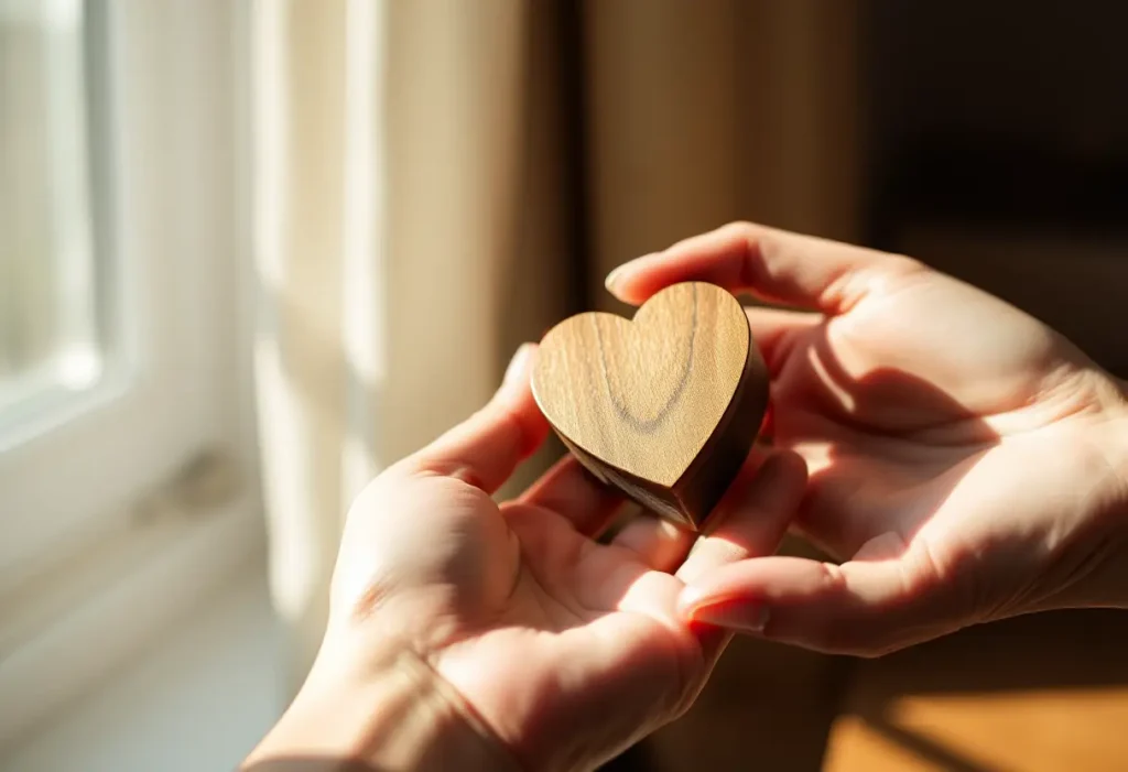 Une main féminine tenant une petite boîte en bois sculptée en forme de cœur