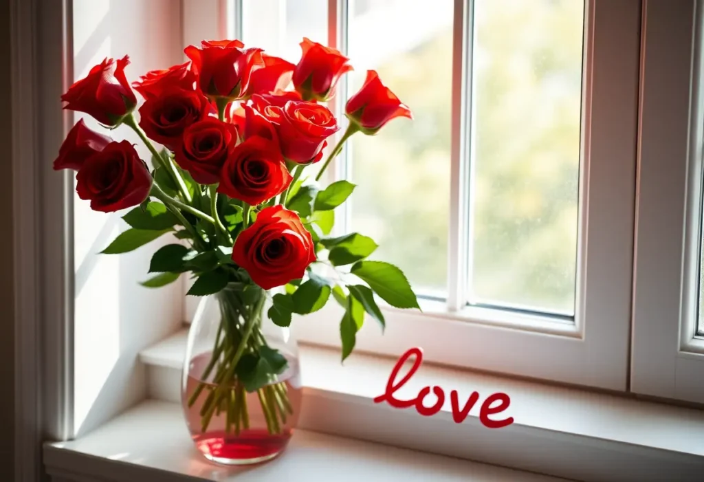 Un vase rempli de roses rouges vives sur un rebord de fenêtre, illuminé par la lumière naturelle, symbolisant l'amour et la reconnaissance
