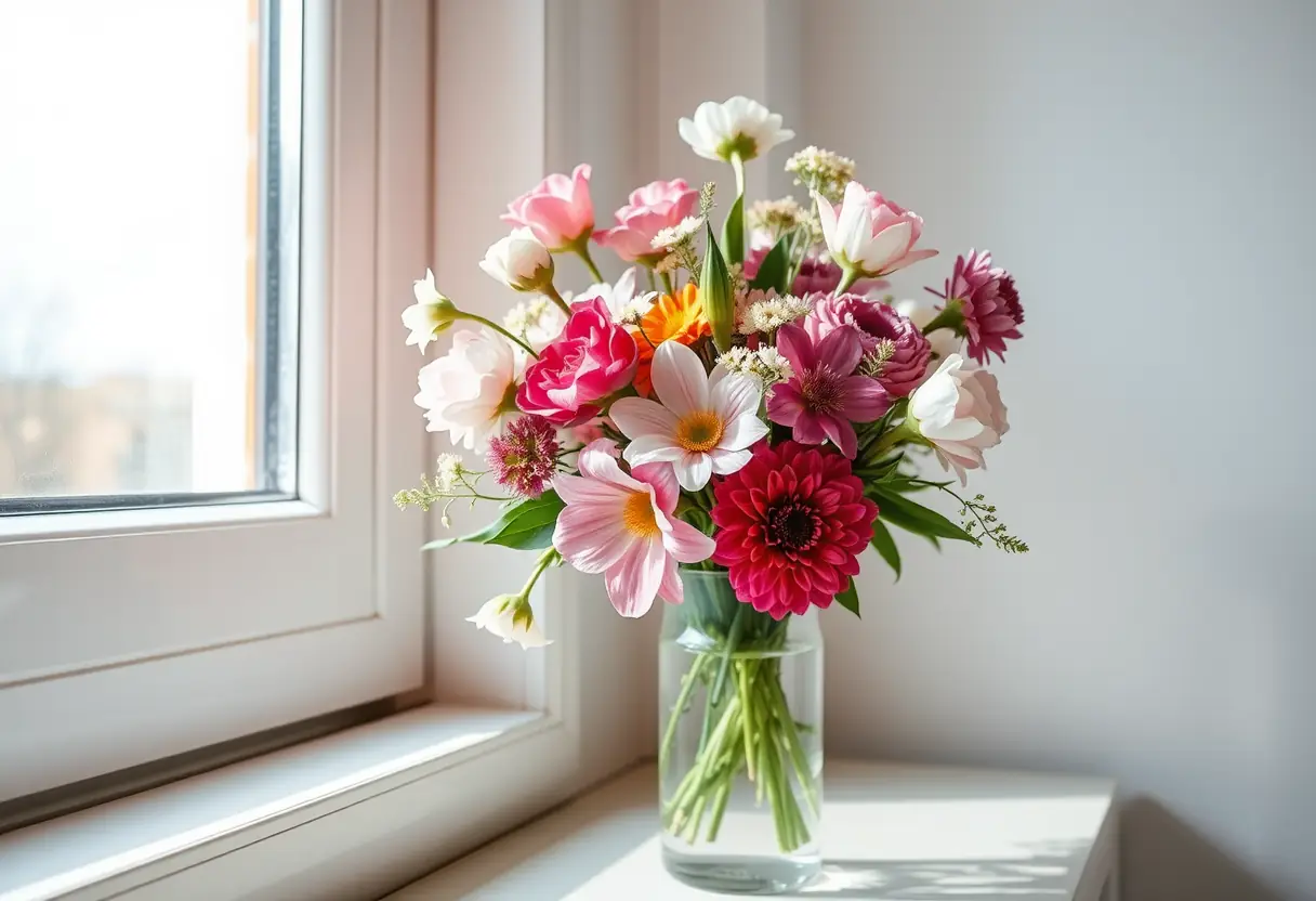 Un bouquet de fleurs fraîches dans un vase en verre transparent sur un rebord de fenêtre, reflétant la beauté naturelle et l'harmonie