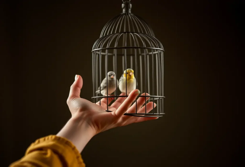 Une main tendue vers une cage à oiseaux, symbole de la saison des amours pour les oiseaux