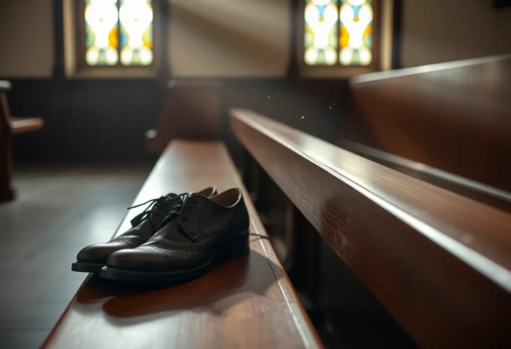 Des chaussures en cuir usées posées près d'un banc de bois dans une chapelle calme, illuminée par la lumière d'une fenêtre
