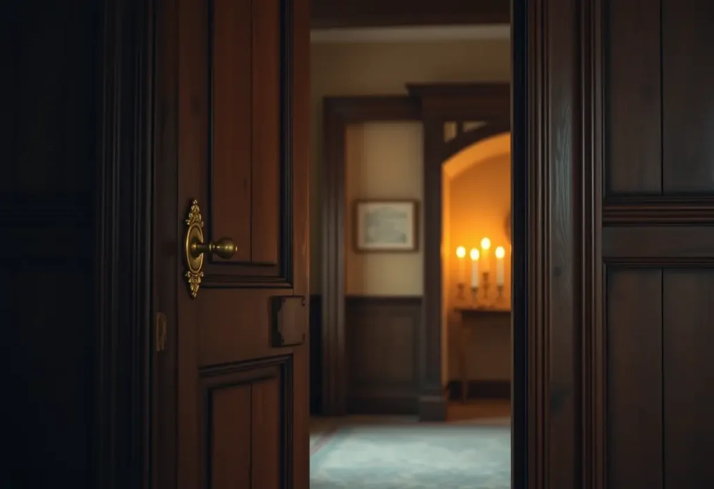 Une porte en bois avec une poignée en laiton, ouverte sur une pièce éclairée par des bougies