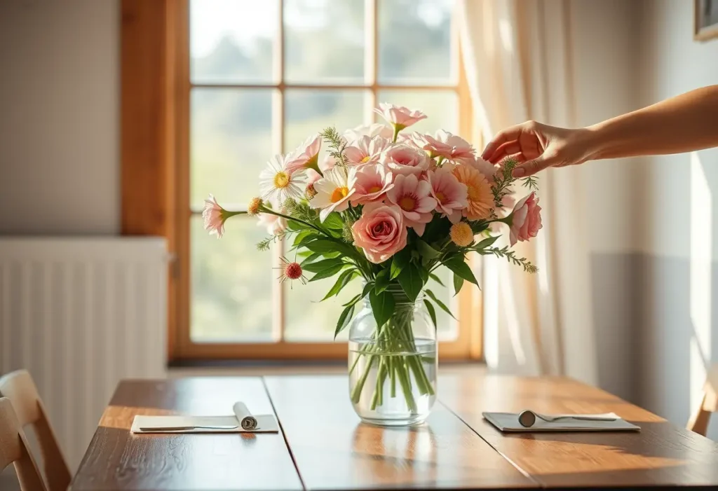 Un plateau avec des fleurs en fleurissement, la main d'une femme arrange délicatement les bouquets
