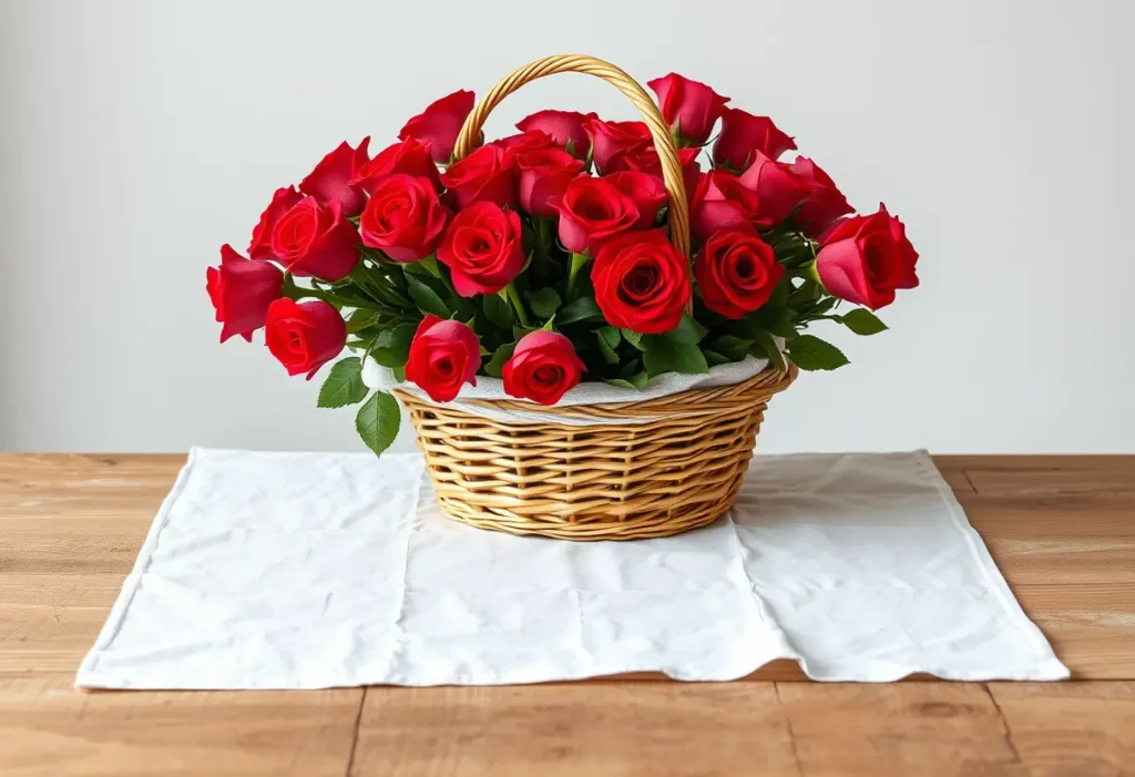 Un bouquet de roses rouges sur une table blanche, symbolisant l'amour selon la tradition de la Saint-Valentin