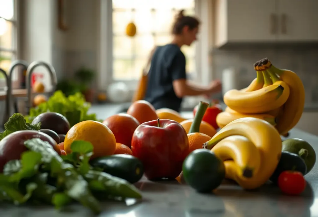 Un comptoir de cuisine avec des fruits et légumes, éclairé par la lumière naturelle d'une fenêtre.