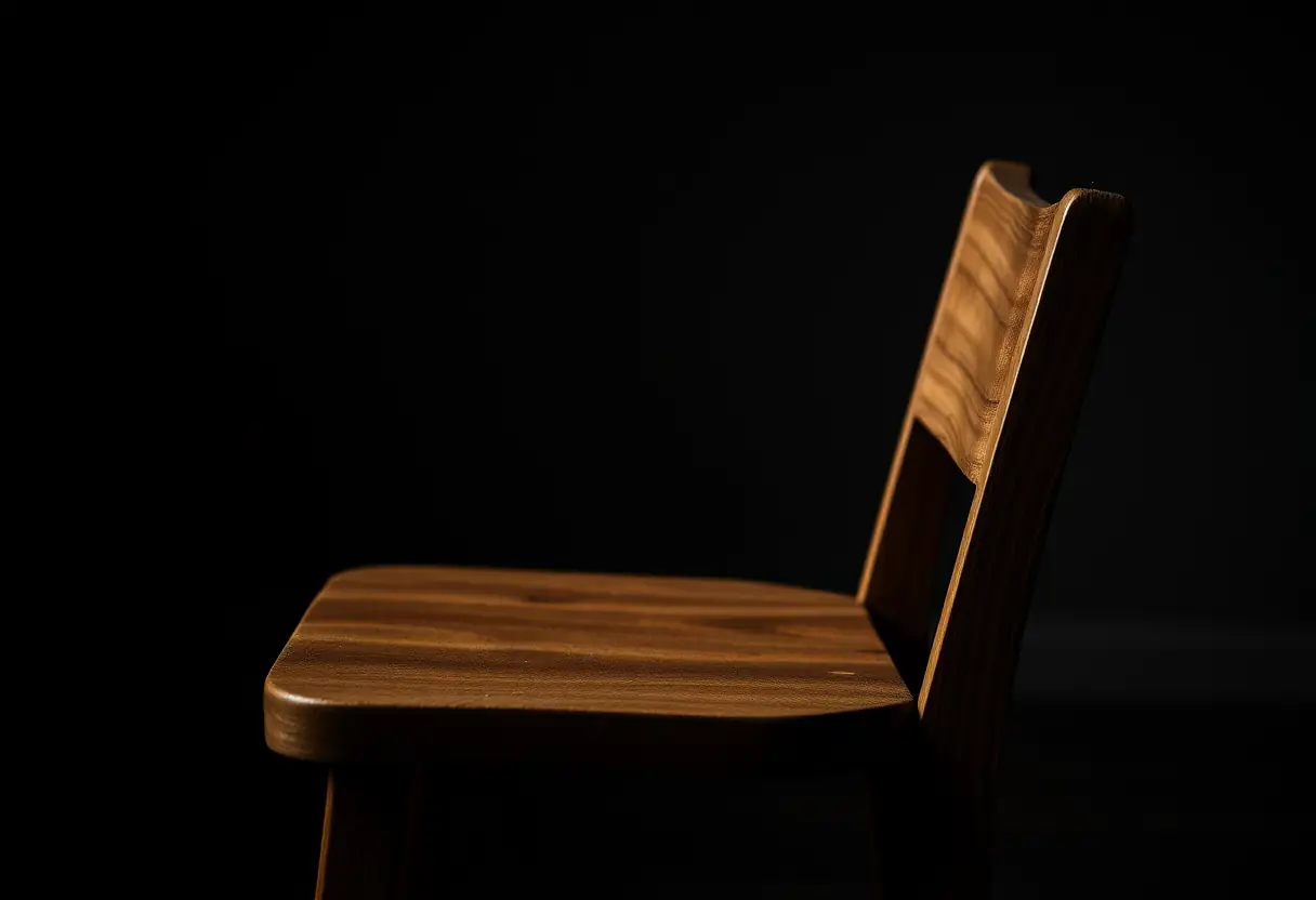 Un fauteuil en bois dans une pièce sombre, symbole de solitude et de résilience.