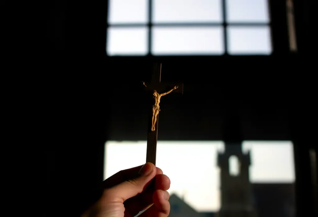 Main d'une personne tenant un crucifix en bois près d'une fenêtre donnant sur une église