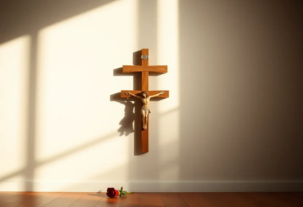Crucifix et rose rougie sur un mur simple