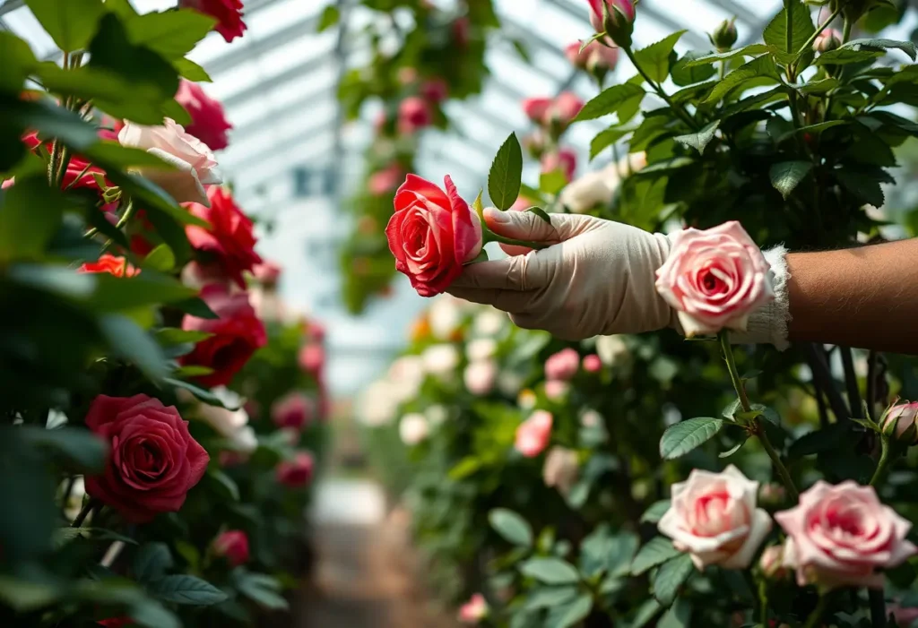 Main de travailleur arrangeant des roses dans une serre, avec des feuilles vertes et des fleurs en fleur
