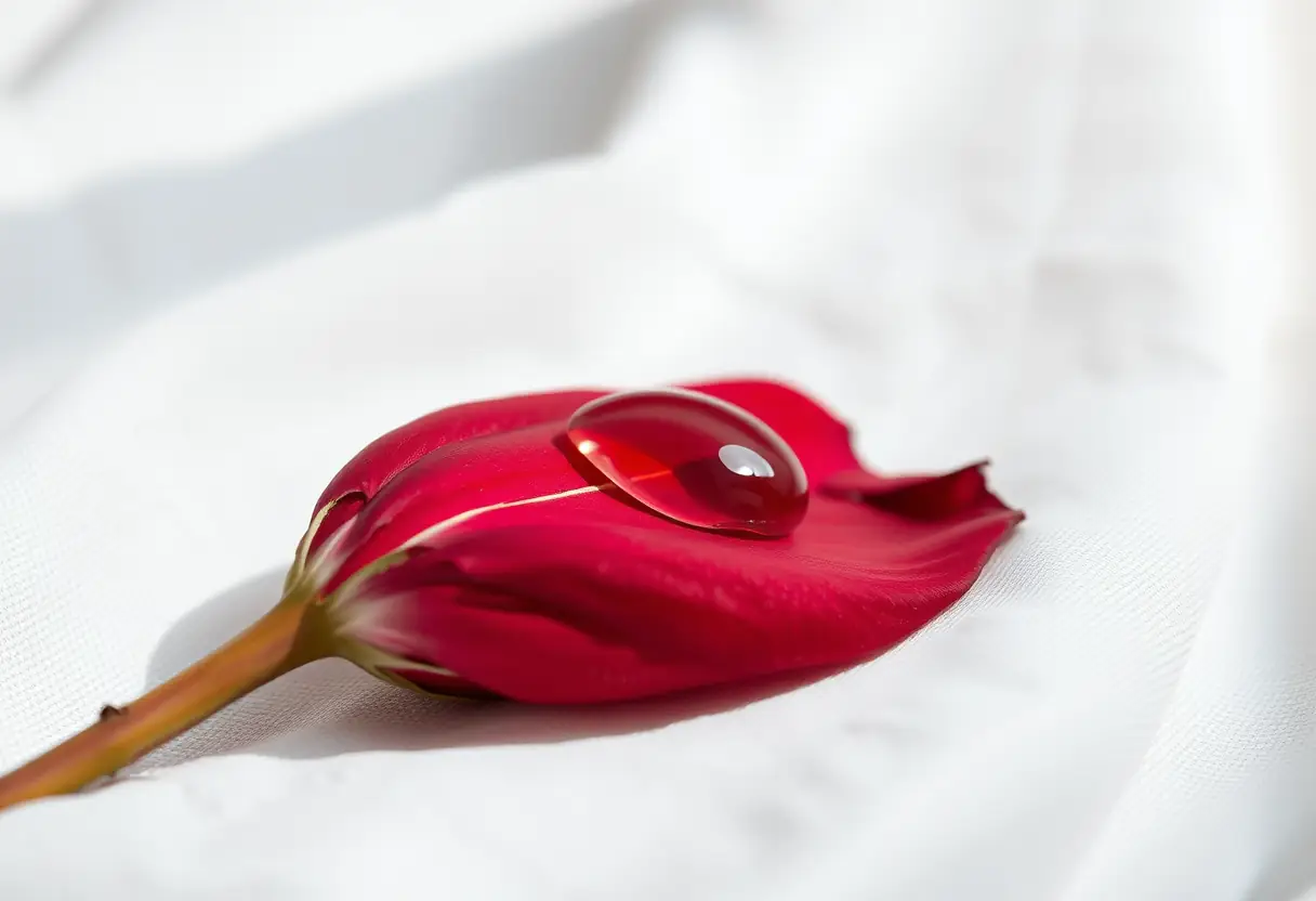 Pétale de rose fané sur un tissu blanc avec goutte d'eau