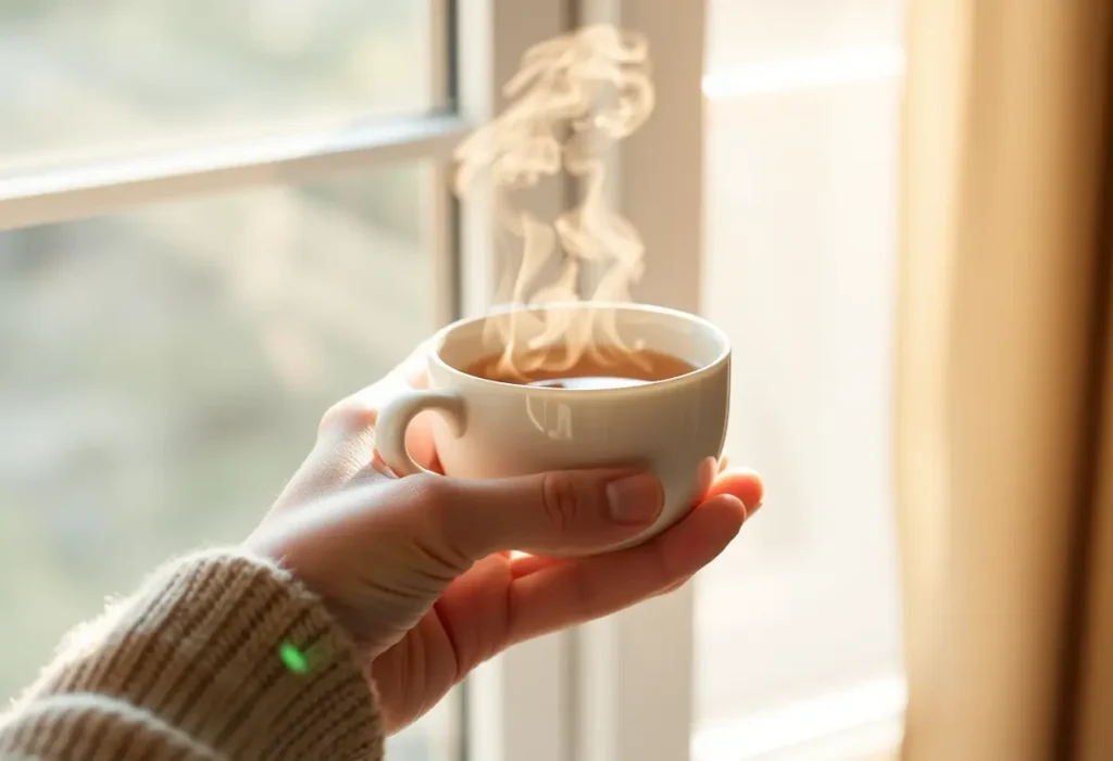 Une main tenant une tasse de thé chaud, symbolisant le soin de soi