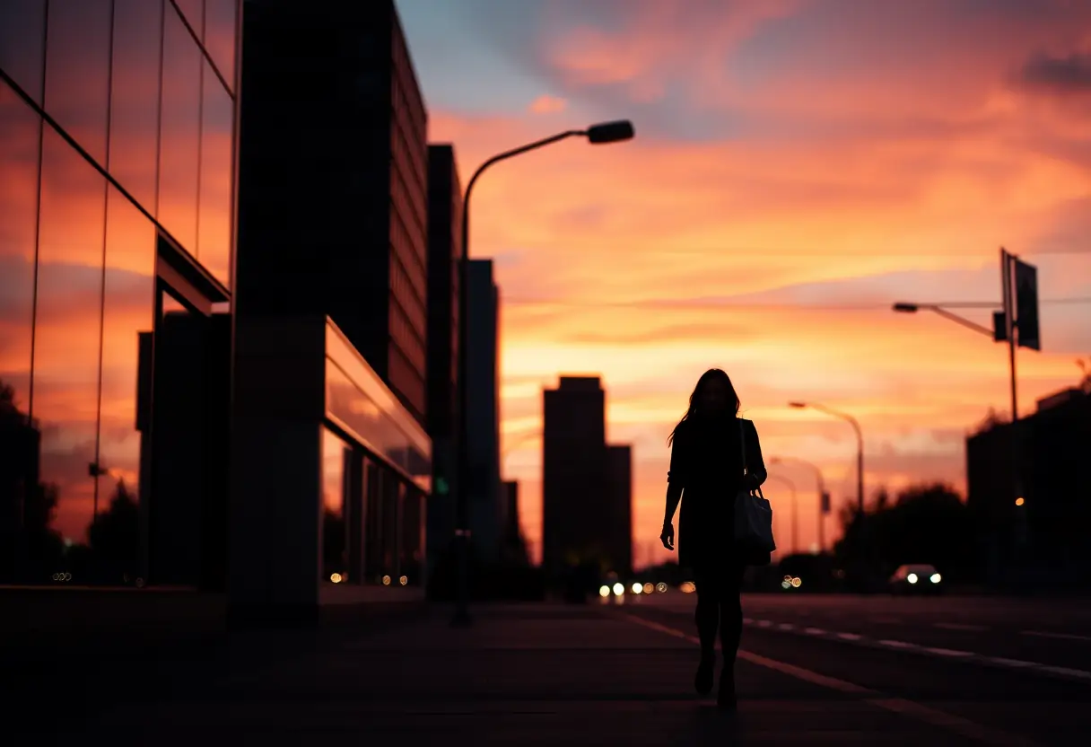 Le profil d'une femme marchant seule dans une rue urbaine, symbolisant la réflexion et la solitude