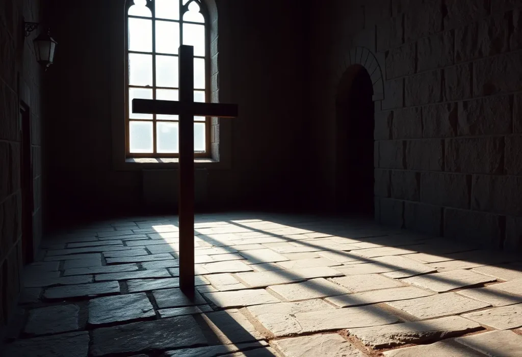 Croix de bois dans une chapelle sombre, symbolisant la foi et la mémoire de Saint Valentin