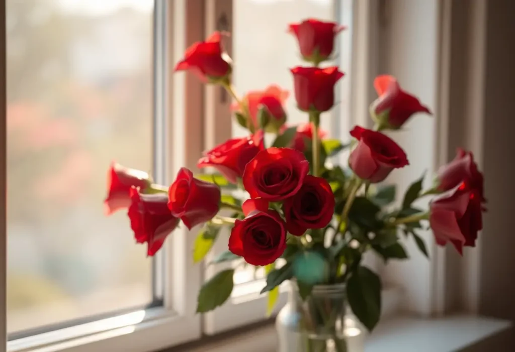 Un vase de roses rouges sur un rebord de fenêtre éclairé par la lumière du soleil, texte alternatif en français.