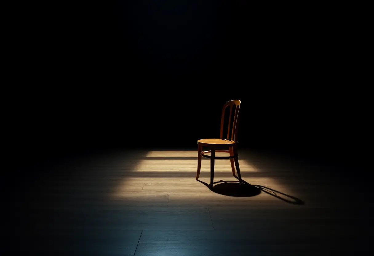 Une chaise en bois dans une pièce sombre, reflétant les ombres du lieu, texte alternatif en français.