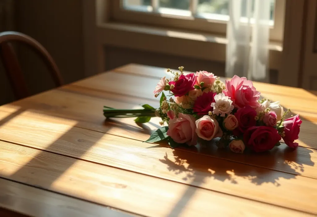 Un bouquet de fleurs sur une table en bois