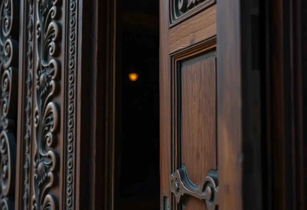 Une porte en bois sculptée partiellement ouverte, symbolisant l'entrée dans l'histoire de la Saint-Valentin