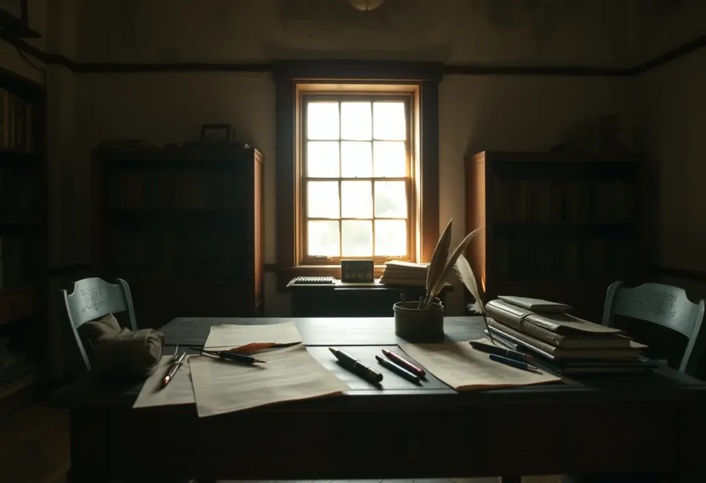 Bureau ancien avec parchemin et plumes dans une pièce studieuse
