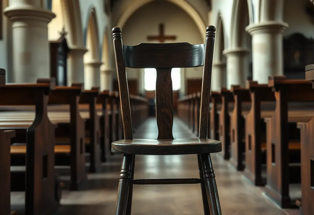 Un siège en bois usé dans une église ancienne, symbole de l'amour qui perdure