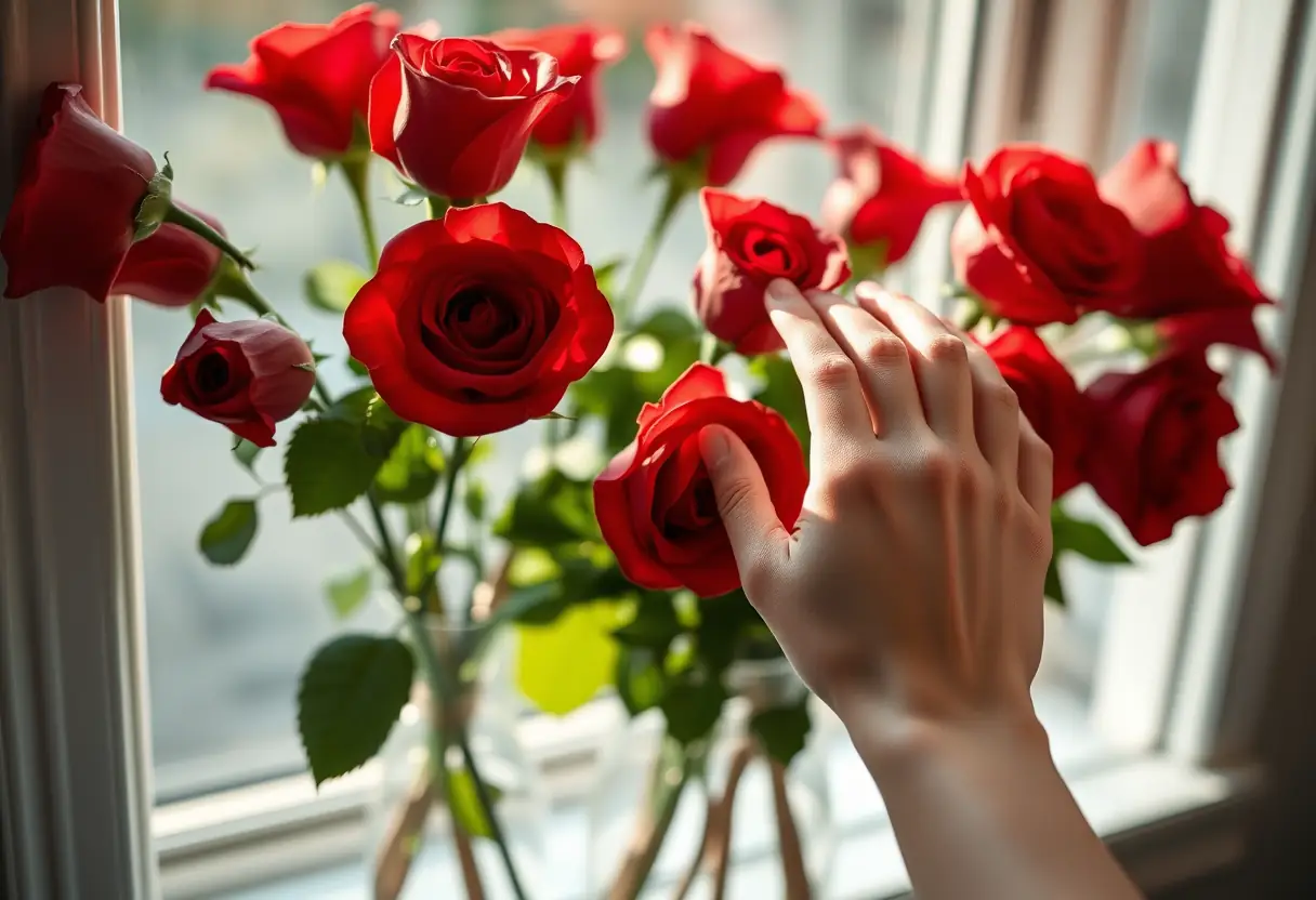 Un vase de roses rouges sur un rebord de fenêtre avec la main d'une femme qui caresse une pétale, symbolisant l'amour.