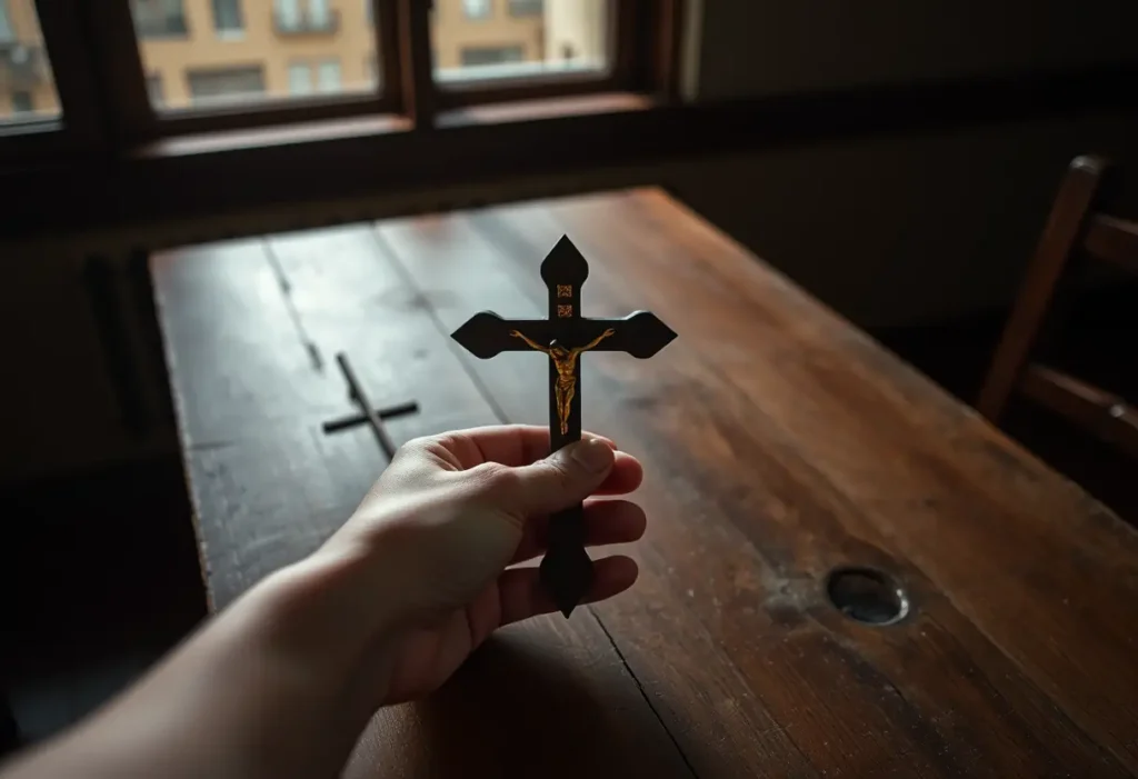 Main d'une personne tenant un crucifix en bois sur une table ancienne, évoquant les martyrs de l'histoire